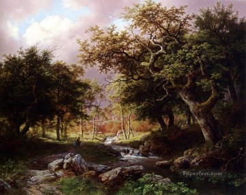 ウッズ Painting - 小川沿いの人物のある樹木が茂った風景 オランダの Barend Cornelis Koekkoek の森の森